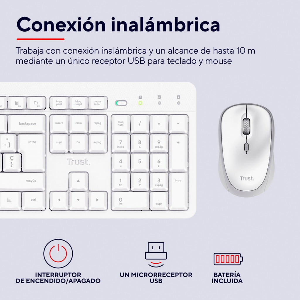 Set Inalámbrico Trust ODY II Teclado resistente + Mouse silencioso Blanco - foto 3