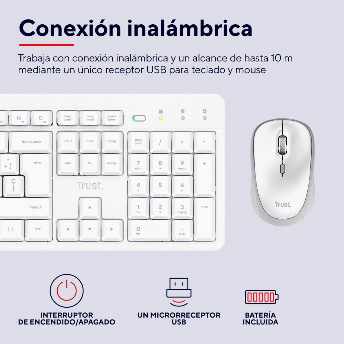 Set Inalámbrico Trust ODY II Teclado resistente + Mouse silencioso Blanco - foto 3